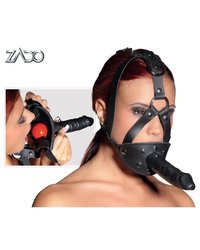 Kopffessel aus Echtleder mit Latexdildo und Mundknebel