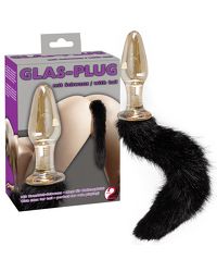Glas-Analplug mit Schweif, gold/schwarz